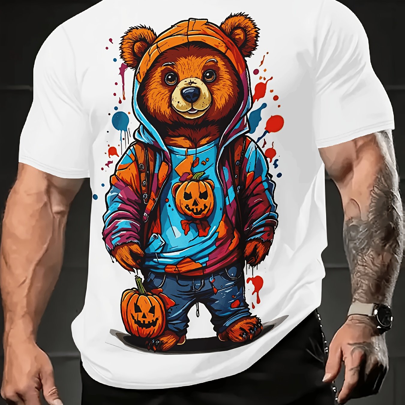 Summer 2024 Trendy Men's T-Shirt with Cool Bear Graphic - Soft Polyester, Crew Neck, Short Sleeve, Street Style