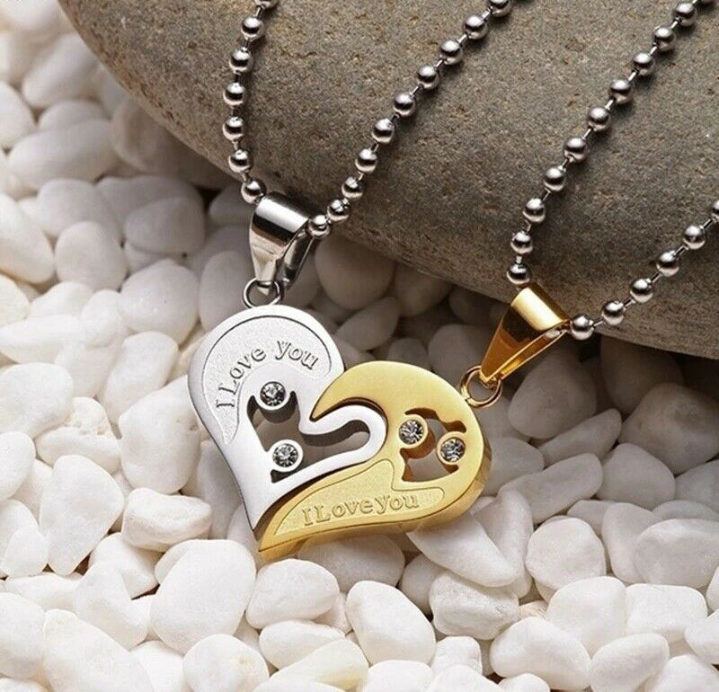 Set 2 Collane Ciondolo Cuore Spezzato Argento e Oro Fidanzati Amore Amicizia Unisex San Valentino