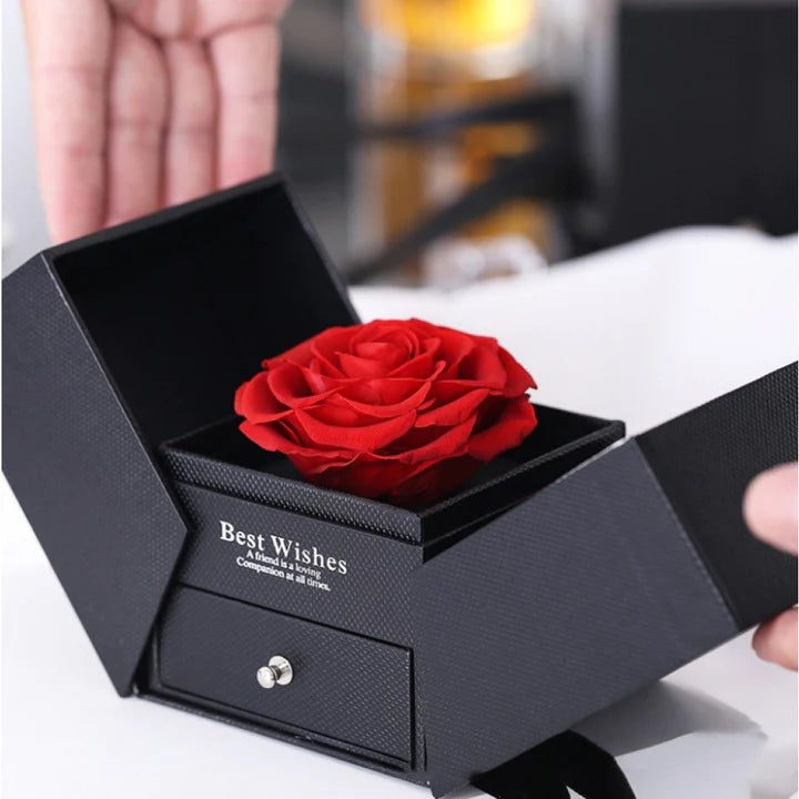 Scatolina Elegante con Rosa Eterna con Gioiello a Scelta, Collana Bracciale o Anello