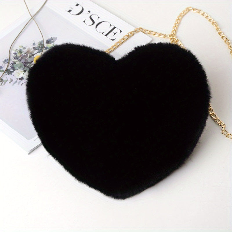 1pc Fashion Heart-Shaped Plush Crossbody Bag for Women, Cute Chain Shoulder Handbag with Zip Closure, Soft Faux Fur Coin Purse, Cotton Lined, Synthetic Material, Versatile for All Occasions