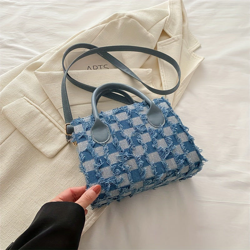 Spacious Carryall, Chic Plaid Canvas Tote Bag for Women - Fashionable Korean-Style Shoulder Handbag with Adjustable Strap, Large Capacity, Zip Closure - Blue/Black