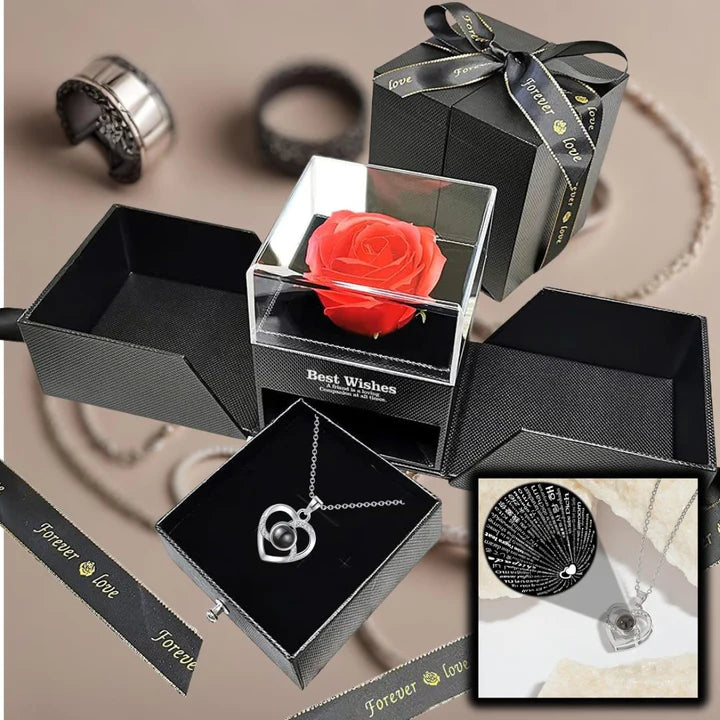 Scatolina Elegante con Rosa Eterna con Gioiello a Scelta, Collana Bracciale o Anello