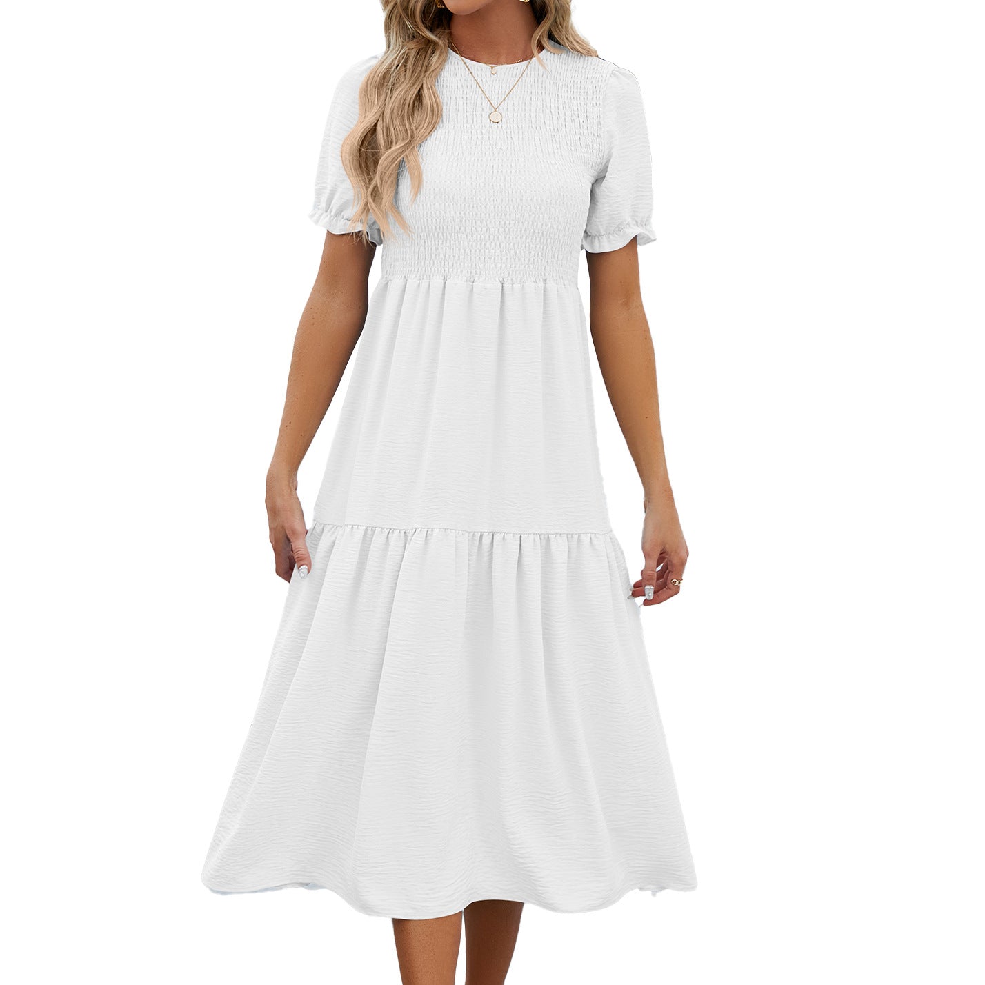 Summer Round Neck Pleating Puff Sleeve Short Sleeve Elegant Dress