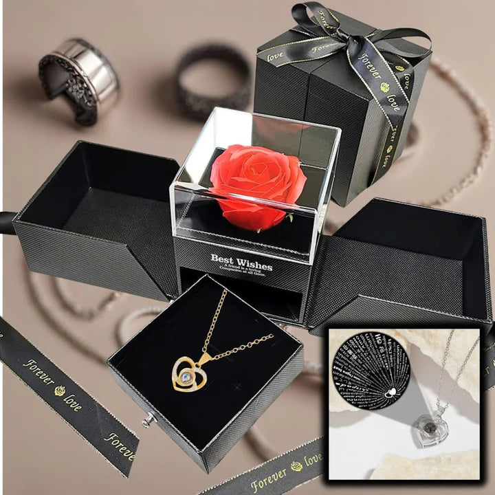 Scatolina Elegante con Rosa Eterna con Gioiello a Scelta, Collana Bracciale o Anello