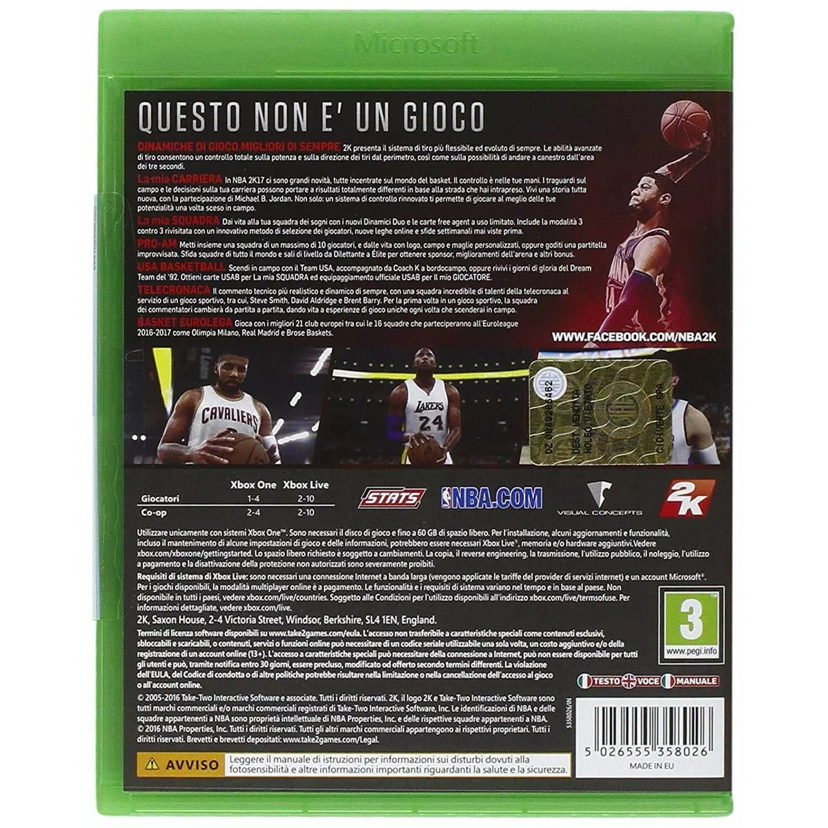 NBA 2k17 Videogioco Xbox One Gioco Eu Italiano Basket 2018 Sigillato Nuovo