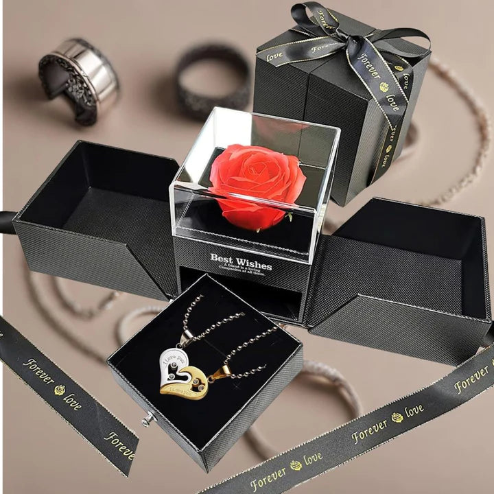Scatolina Elegante con Rosa Eterna con Gioiello a Scelta, Collana Bracciale o Anello