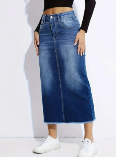 Women's Retro High Waist Raw Hem Denim Skirt