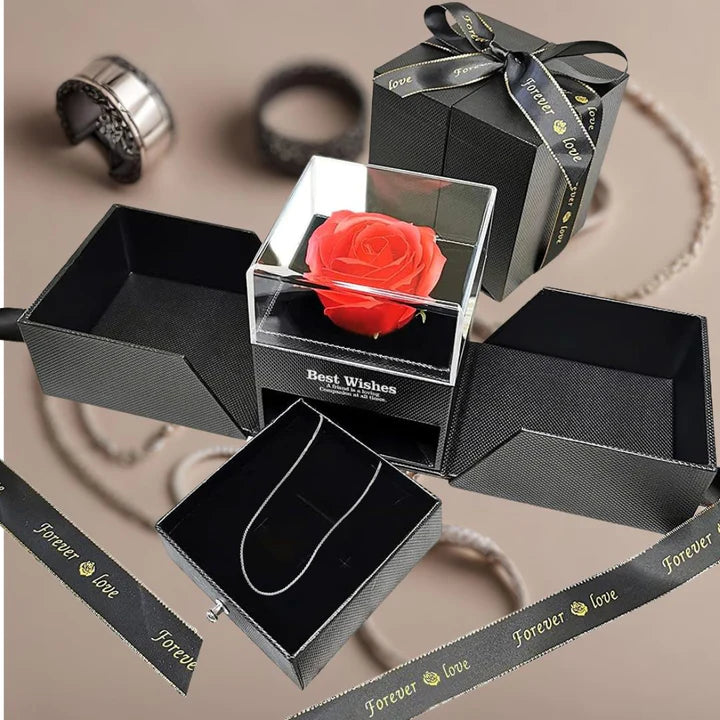 Scatolina Elegante con Rosa Eterna con Gioiello a Scelta, Collana Bracciale o Anello