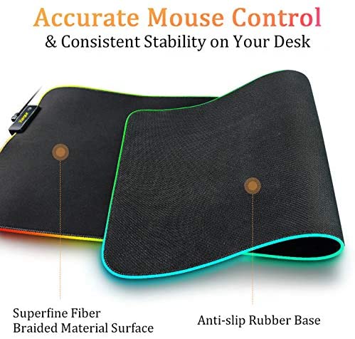Tappetino per mouse da gioco RGB - T14 Effetti a LED con bordi cuciti resistenti e base in gomma antiscivolo, adatto per MacBook, PC, laptop, scrivania