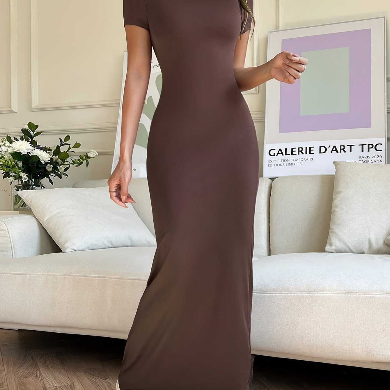 Solid Color Slim Dress, Elegant Crew Neck Short Sleeve Maxi Dress For Summer & Spring, Women's Clothing