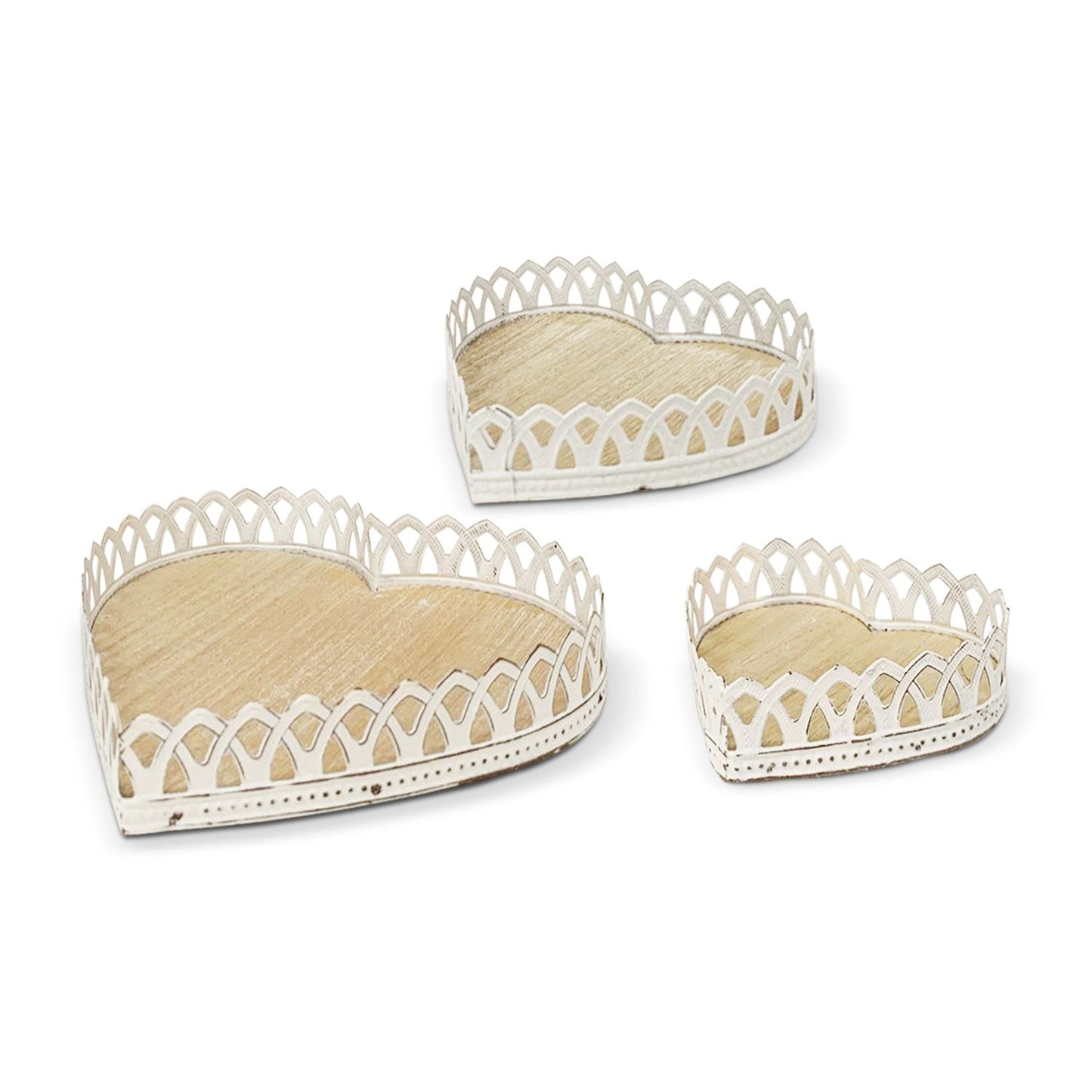Set 3 Vassoi a Cuore in legno e metallo Nuvole di Stoffa Shabby chic retrò 5714