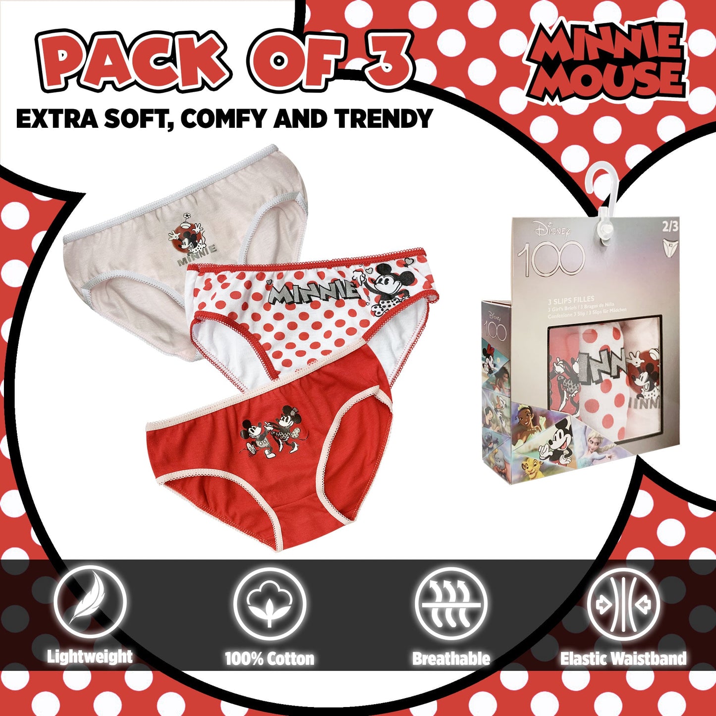 Slip Disney Minnie Mouse 3 pezzi ufficiale bimba shorties mutandine intimo 6190