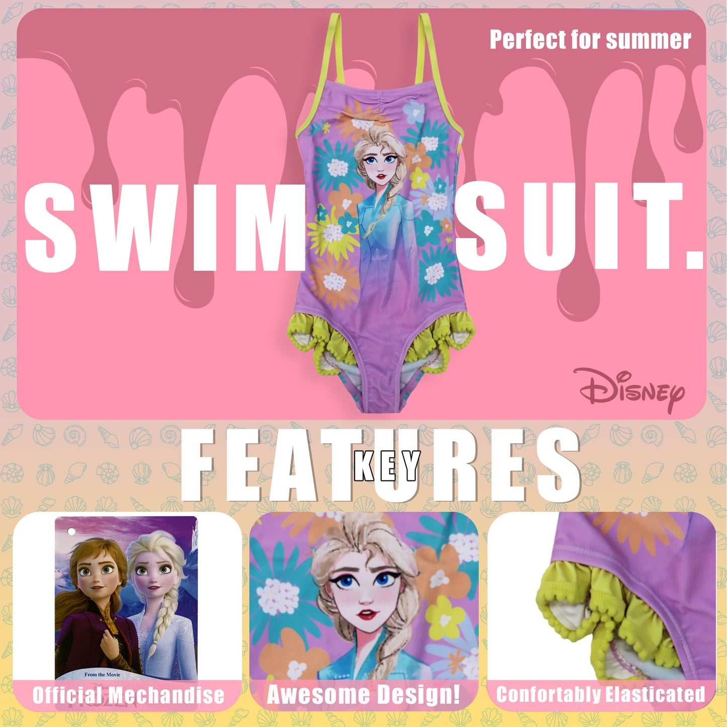 Costume da bagno intero mare bambina Disney Frozen Elsa 1 pezzo con volant 6664