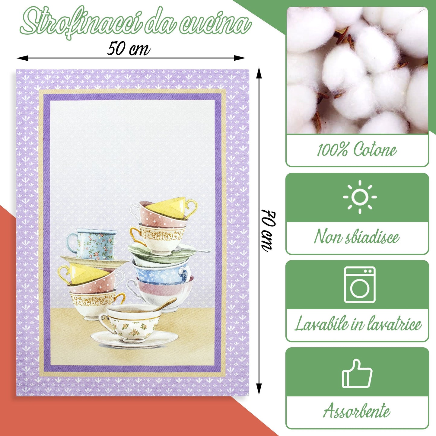 Set 6 Strofinacci cucina tazze e teiere canovacci Shabby Chic in cotone 6872