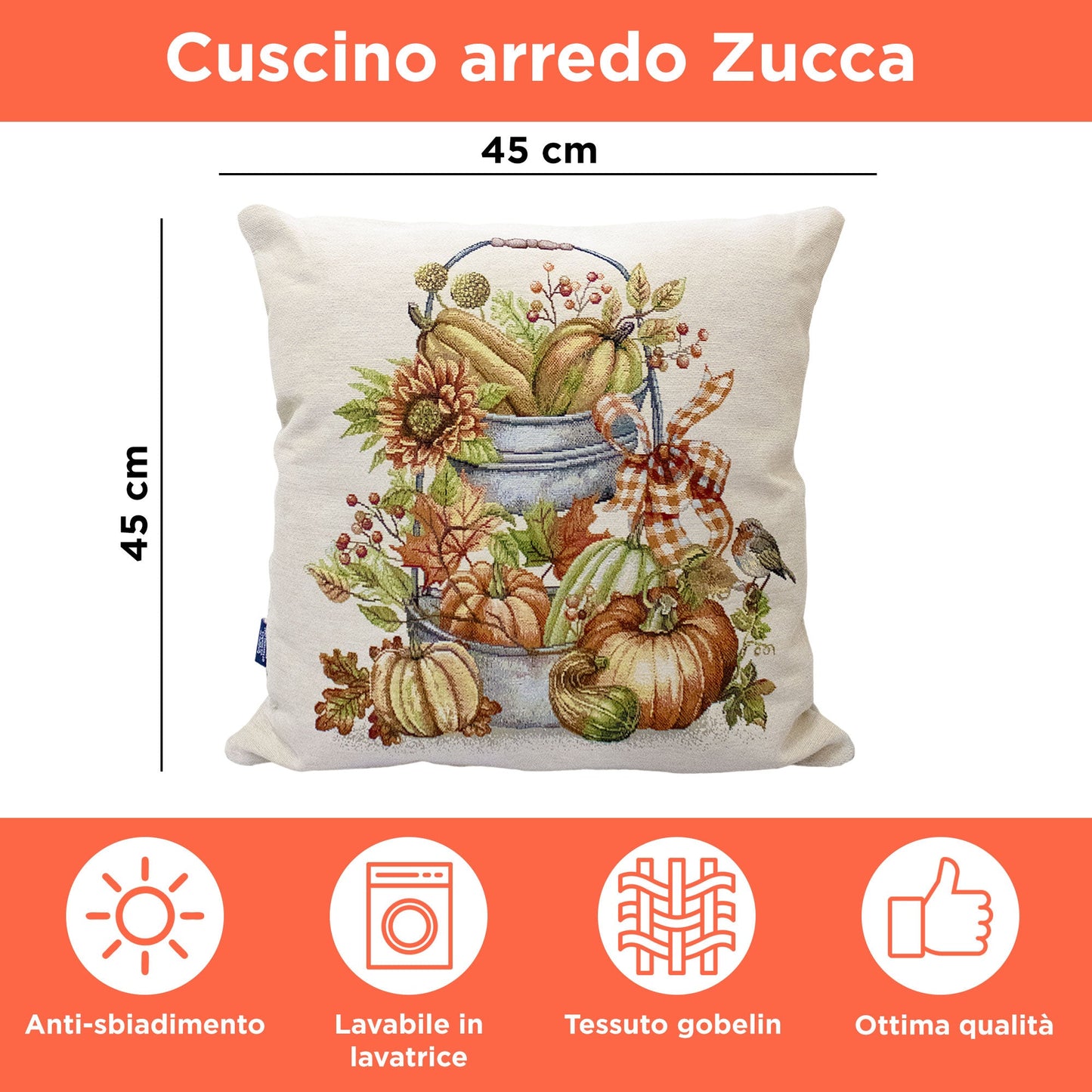 Cuscino arredo decorativo zucca in gobelin autunnale Halloween 45x45cm 6949