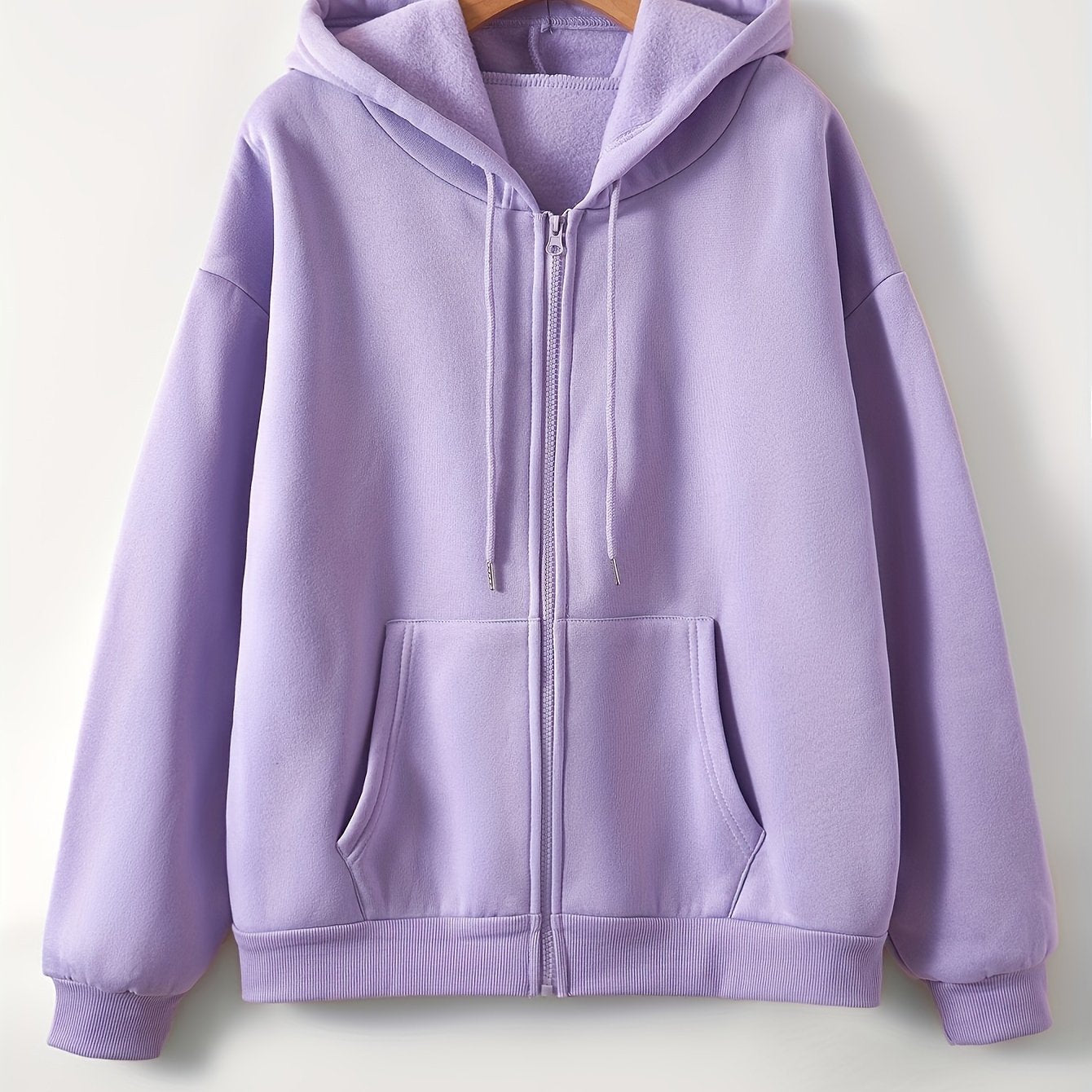 Women's Basic Solid Color Zip-Up Hoodie With Drawstrings, Comfortable Plush Lined Warm Hooded Sweatshirt For Fall & Winter