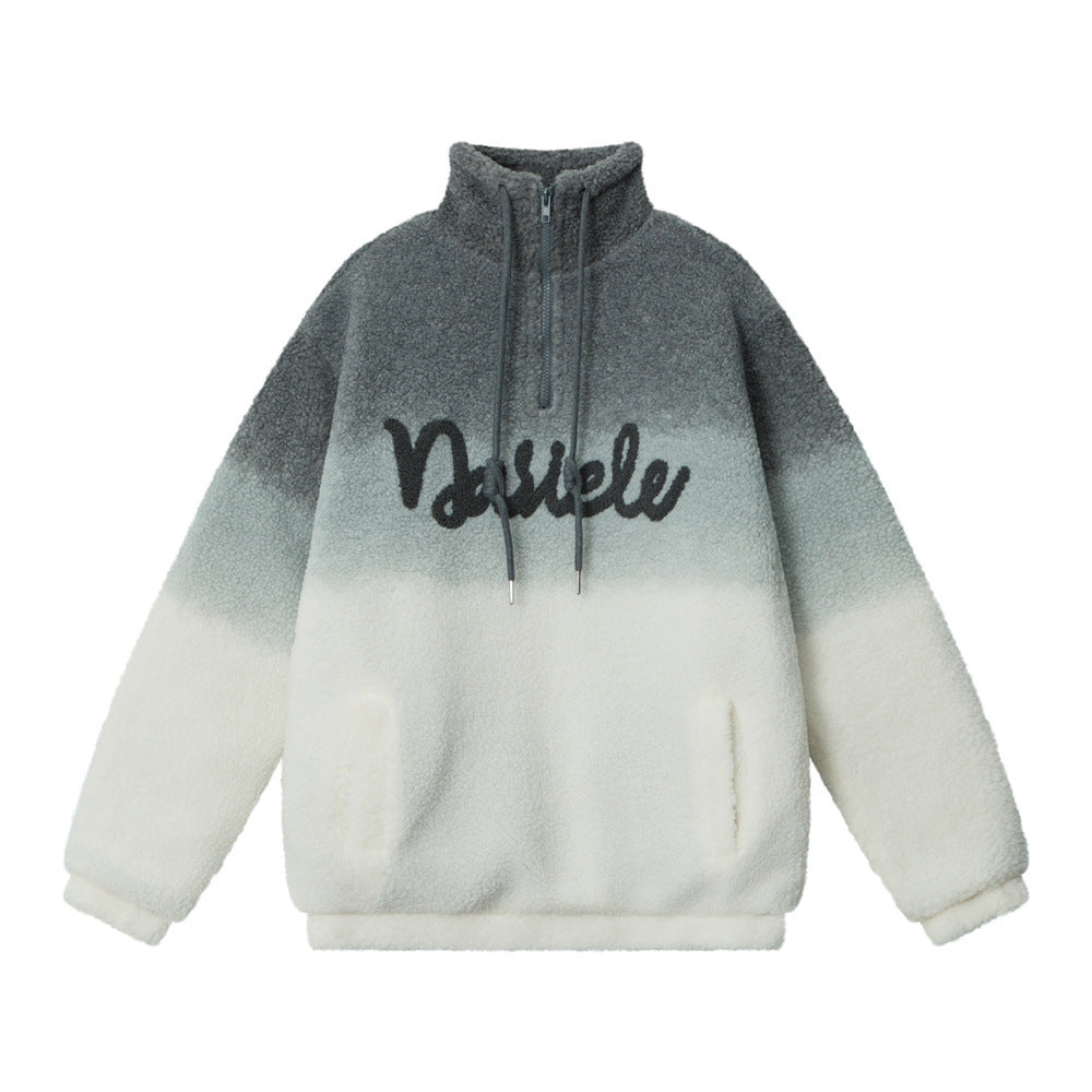 Gradient Lamb Wool Stand Collar Half Zip Sweater Cotton-padded Jacket