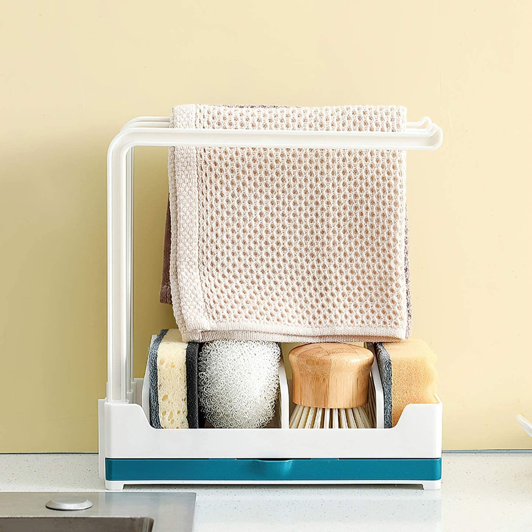 Organizer per lavello da cucina 3 supporti stabili per strofinacci da cucina più contenitore con cassettino per l'acqua che gocciola