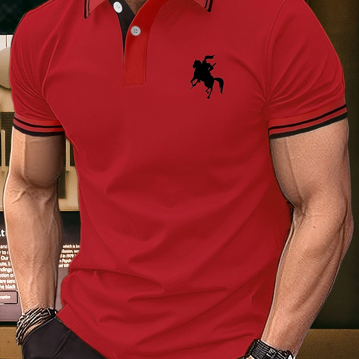 Men's Summer Fashion, Horse Riding Knight Pattern Short Sleeve Lapel Collar Henley Shirt, Chic And Trendy Golf Tops For Business And Outdoors Sports Wear