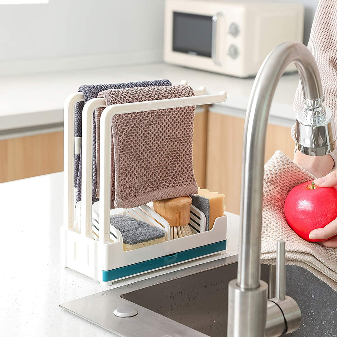 Organizer per lavello da cucina 3 supporti stabili per strofinacci da cucina più contenitore con cassettino per l'acqua che gocciola