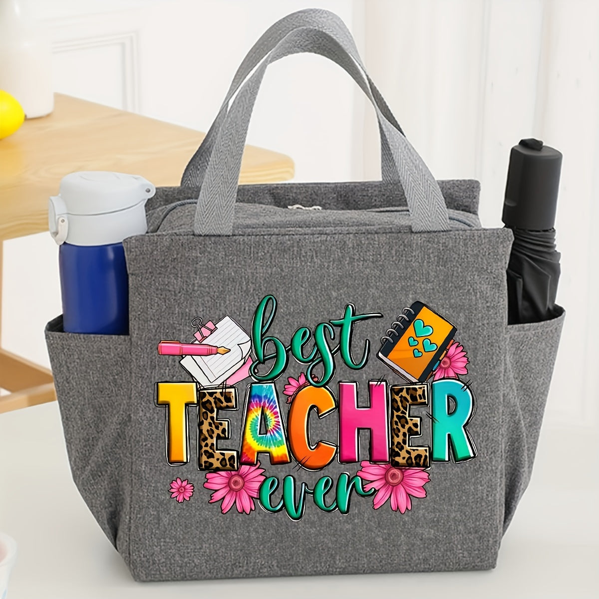 Preppy Style Insulated Canvas Lunch Satchel for Teachers with Foil Lining, Portable Thermal Cooler Tote with Best Teacher & Blessed Teacher Designs, Machine Washable, Zippered Teacher Appreciation Gift Bag
