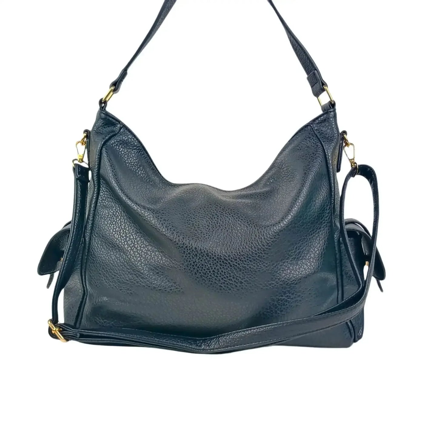 Black Leather Shopper Bag with Multiple Pockets for Women