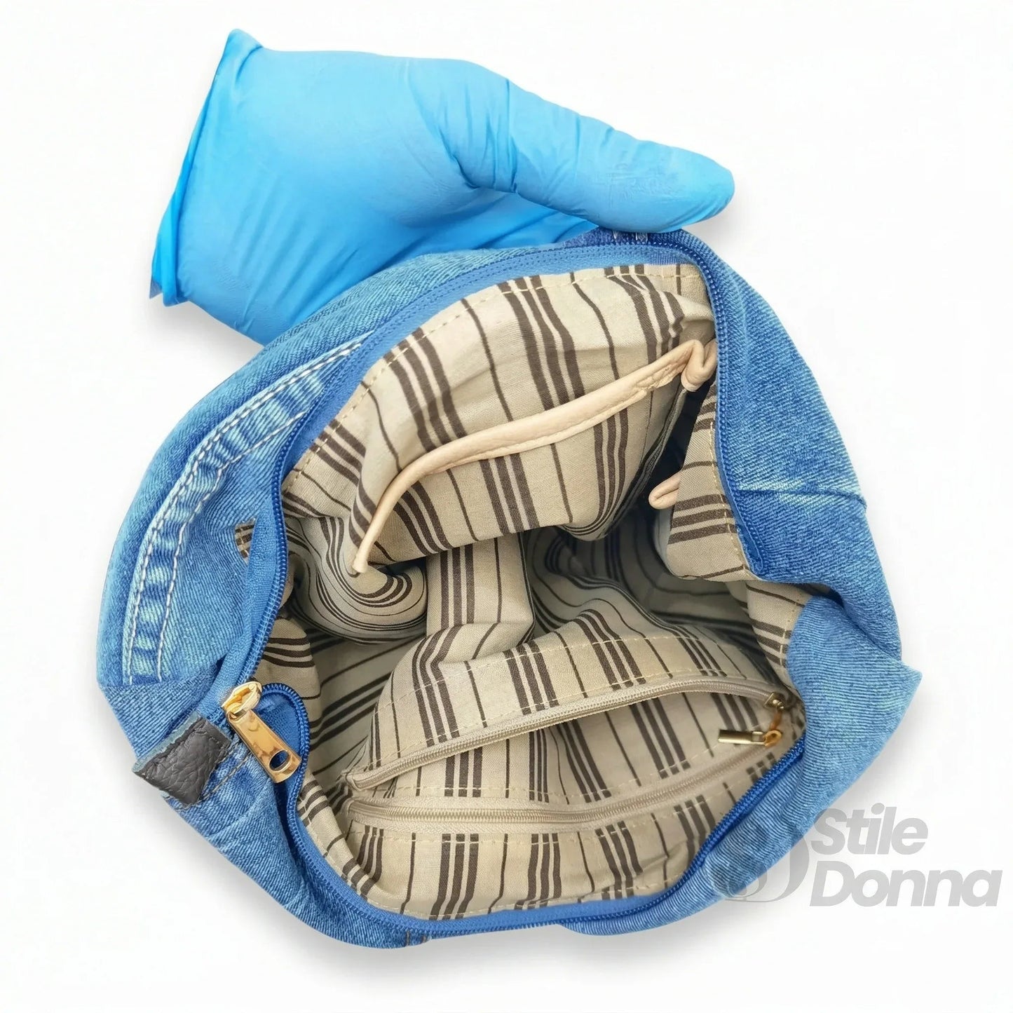 Borsa Hobo Tote in Denim con Stampa Grafica e Dettagli Dorati
