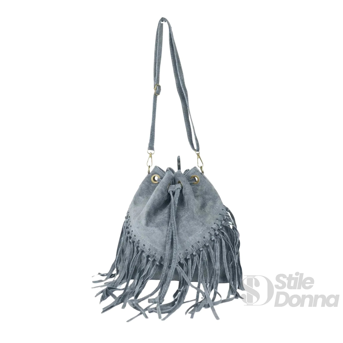 Borsa a Secchiello in Pelle Scamosciata con Frange e Tracolla Regolabile