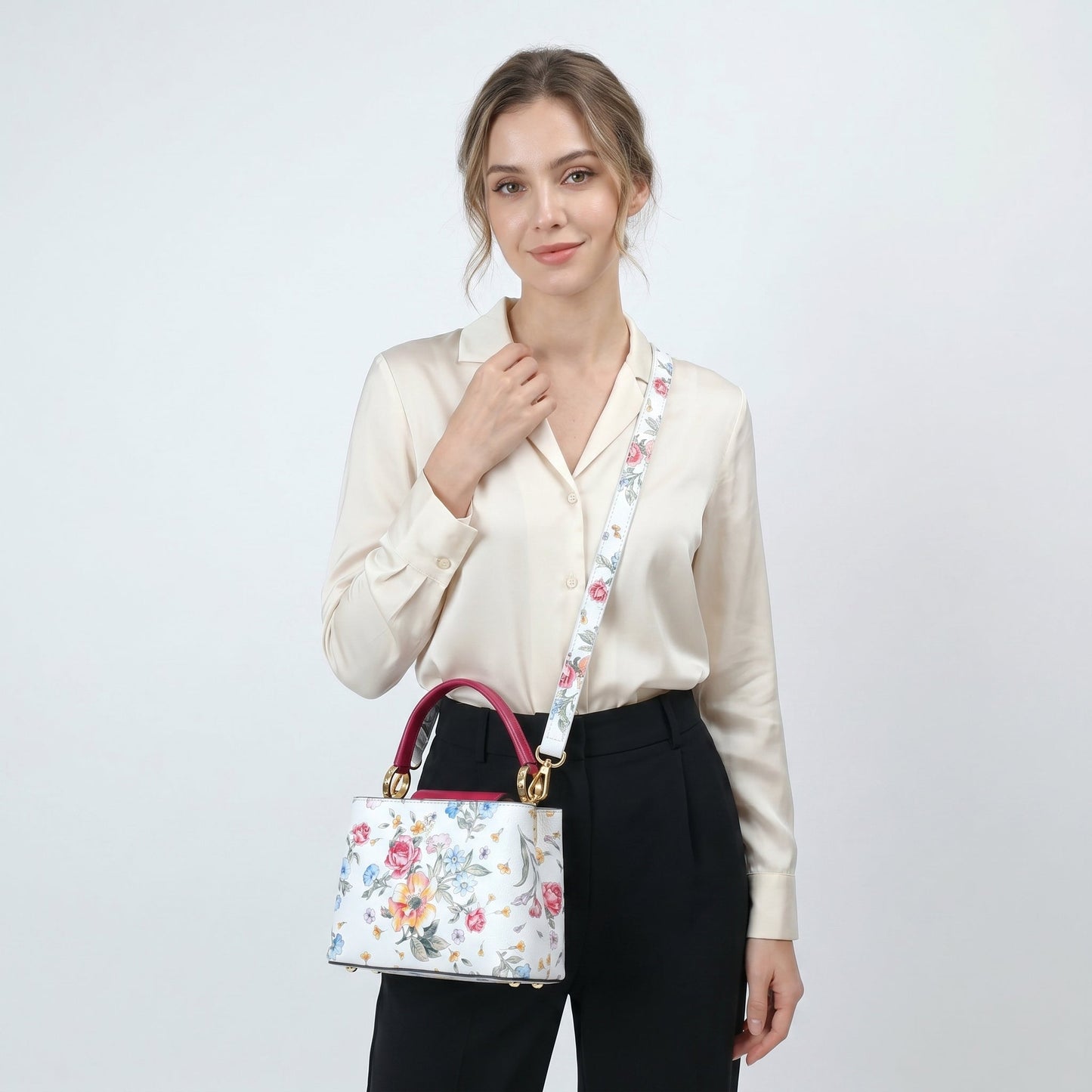 Borsa a Tracolla con Stampa Floreale in Vera Pelle Made in Italy