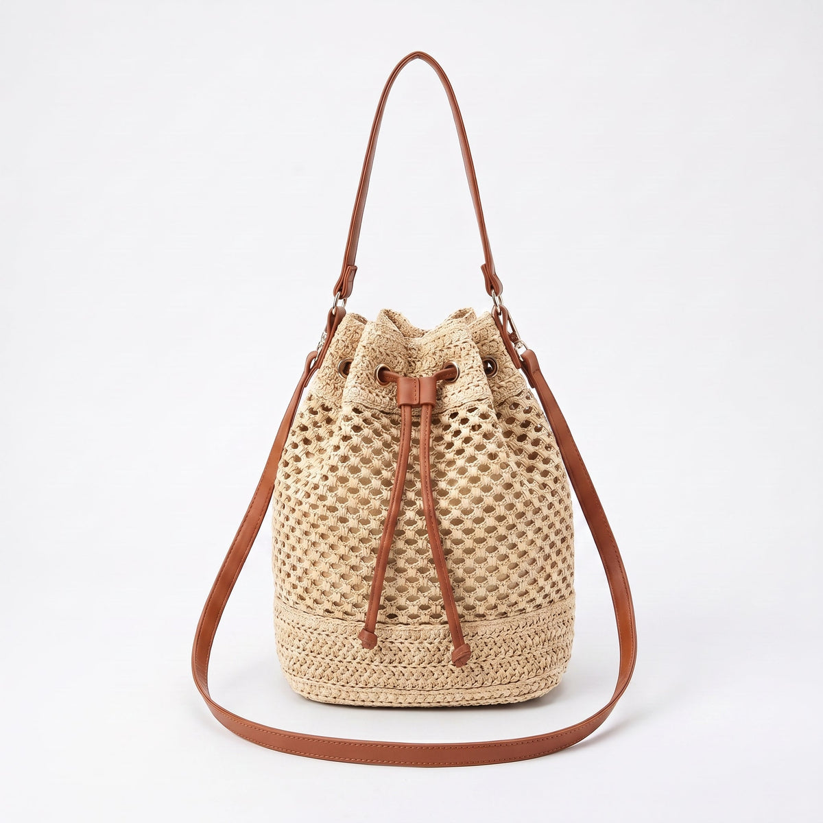 Net Bucket Bag with Leather Straps MS-7171