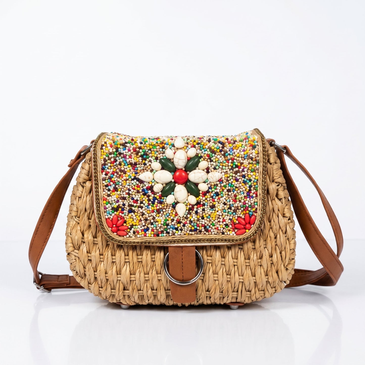 Borsa Tracolla in Rafia Intrecciata con Pattino Ricamato a Perline