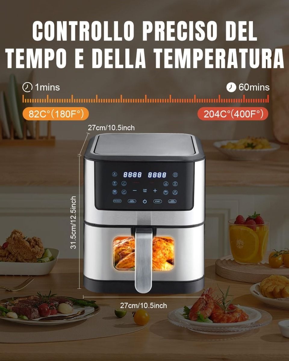 Friggitrice ad aria da 10 litri, friggitrice intelligente 10 in 1 con finestra di cottura visibile, friggitrici ad aria da 1500 W con cestello rimovibile, timer e controllo della temperatura