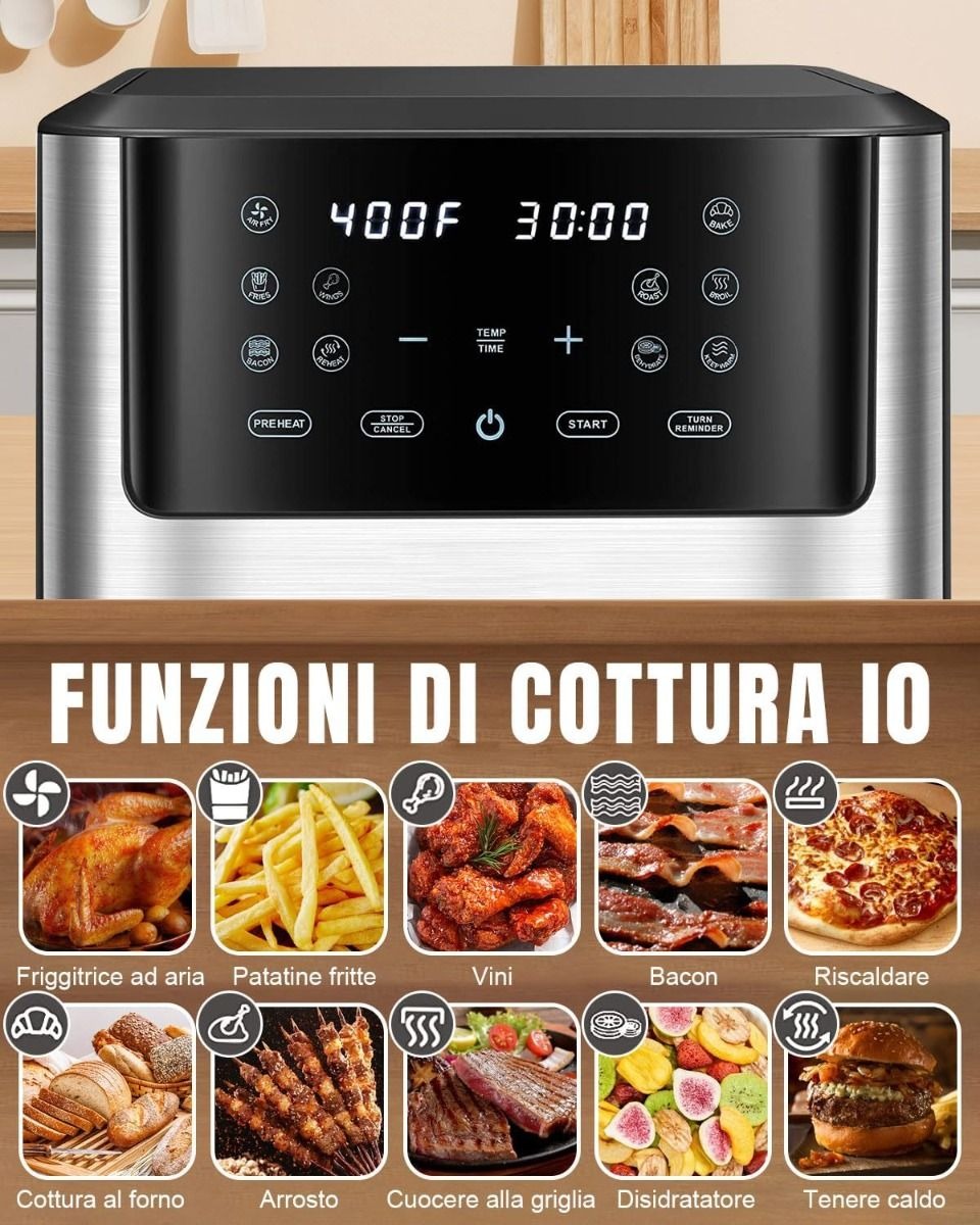 Friggitrice ad aria da 10 litri, friggitrice intelligente 10 in 1 con finestra di cottura visibile, friggitrici ad aria da 1500 W con cestello rimovibile, timer e controllo della temperatura