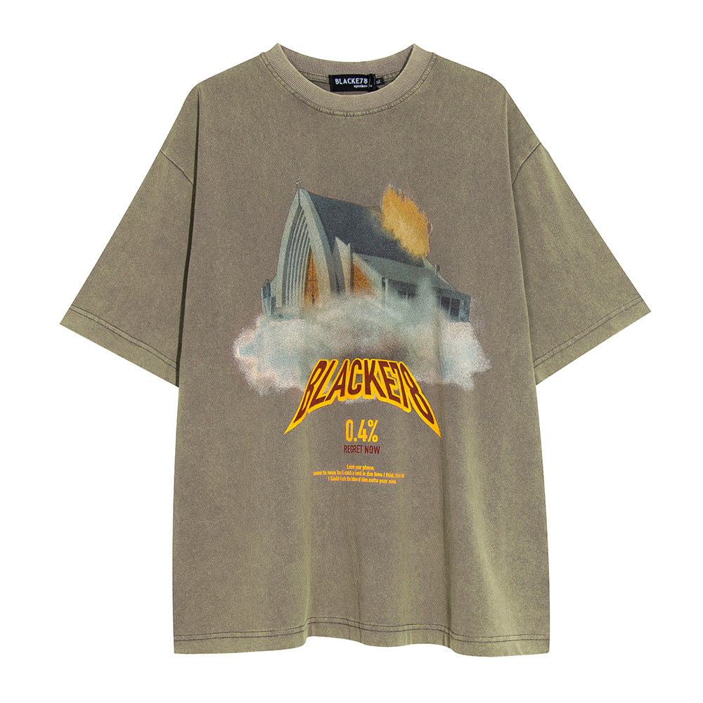 Letter Printing Distressed Wash Short Sleeve