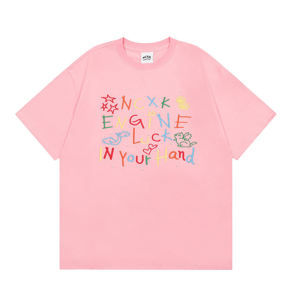 Color Letter Embroidery Short Sleeve