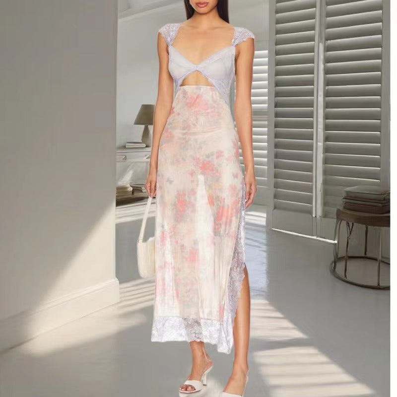 Shoulder Strap Stitching Slit Color Length Dress
