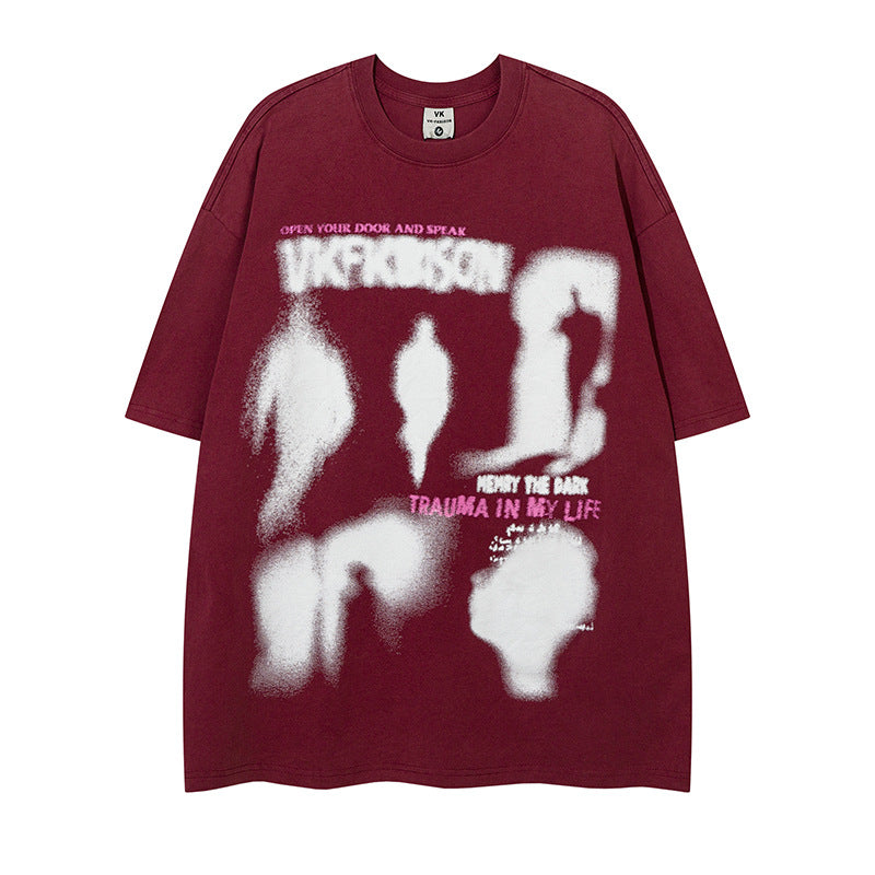 Dark High Street Fuzzy Abstract Printing T-shirt