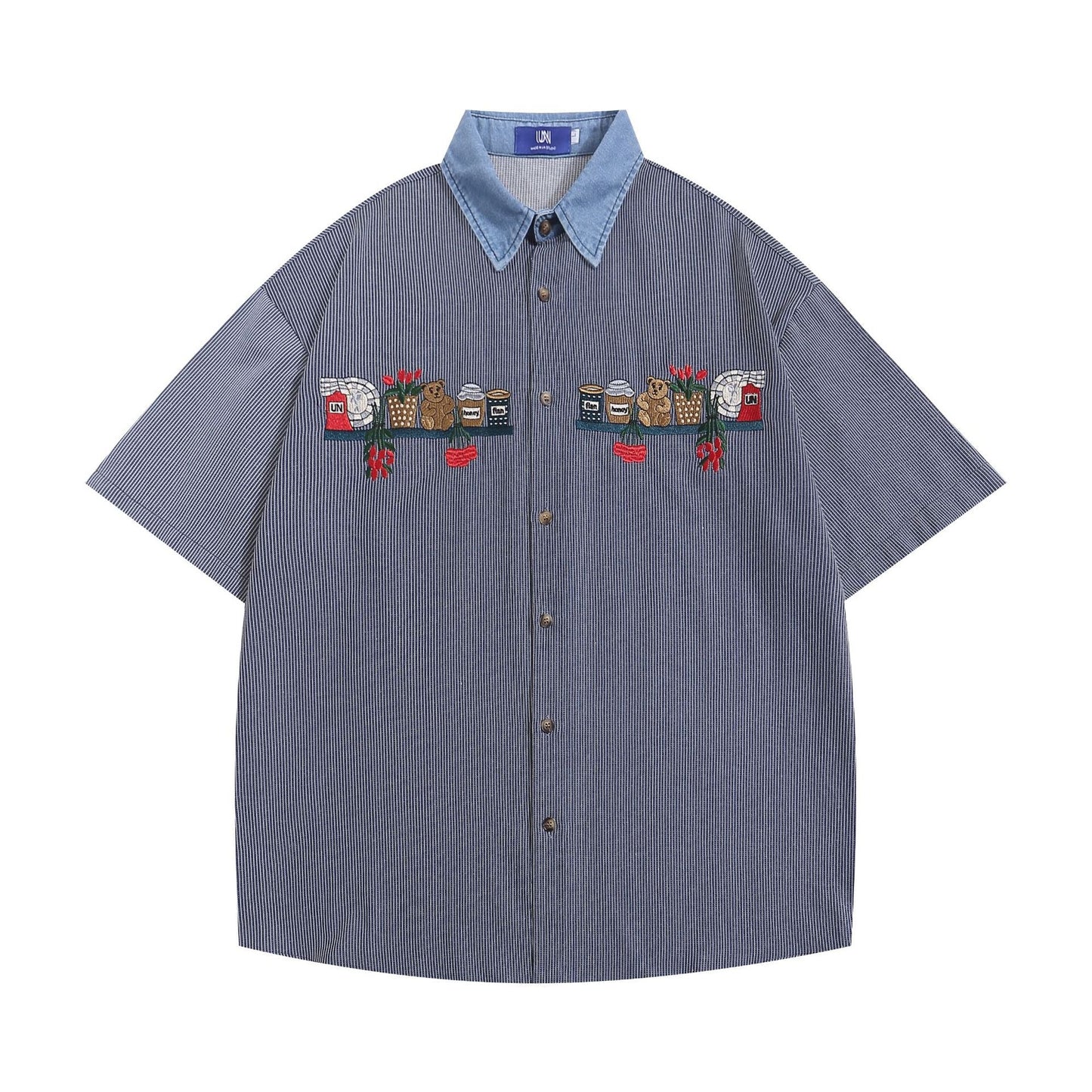 Pinstripe Cartoon Bear Embroidery Short Sleeve Loose Shirt