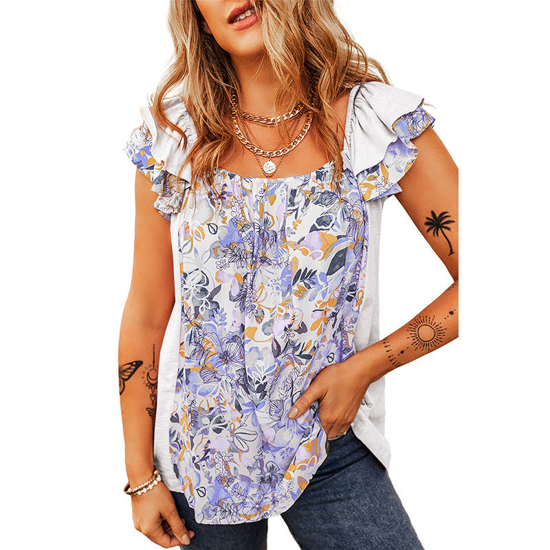 Square Collar Fashion Floral Flounce Sleeveless Top
