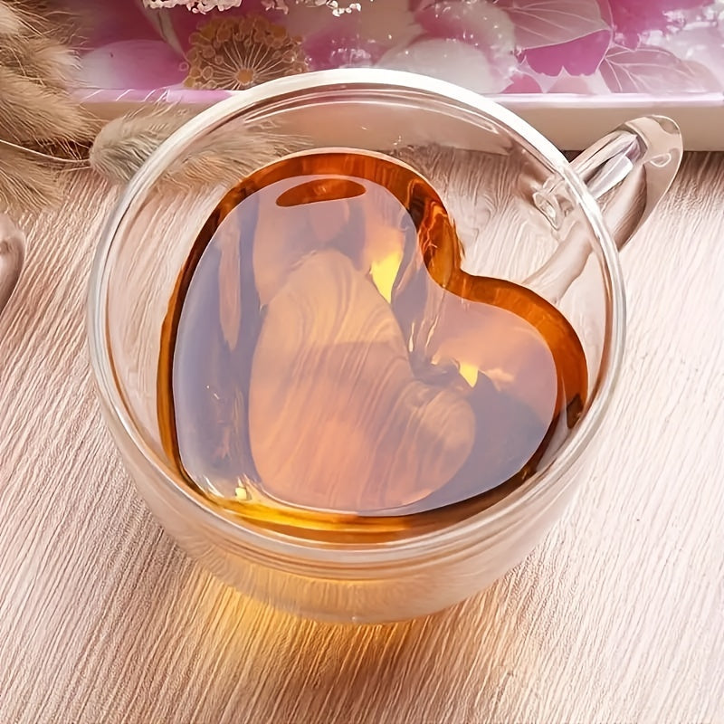 1pc Heart-Shaped Double Wall Glass Cup for Hot and Cold Beverages, Transparent Heat Resistant Teacup for Coffee, Tea - Food Contact Safe Outdoor Kitchen Accessory