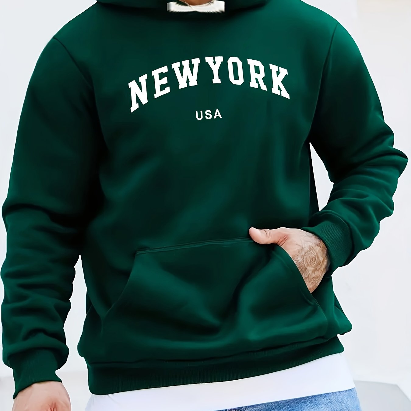 New York Print Kangaroo Pocket Hoodie, Casual Long Sleeve Hoodies Pullover Sweatshirt, Men's Clothing, For Fall Winter