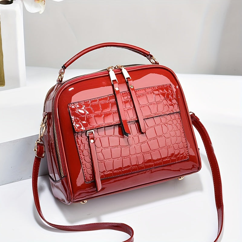 Elegant Crocodile Pattern Patent Leather Handbag, Retro Style, Vintage Square Shoulder Bag, Faux Leather Crossbody With Adjustable Strap For Women