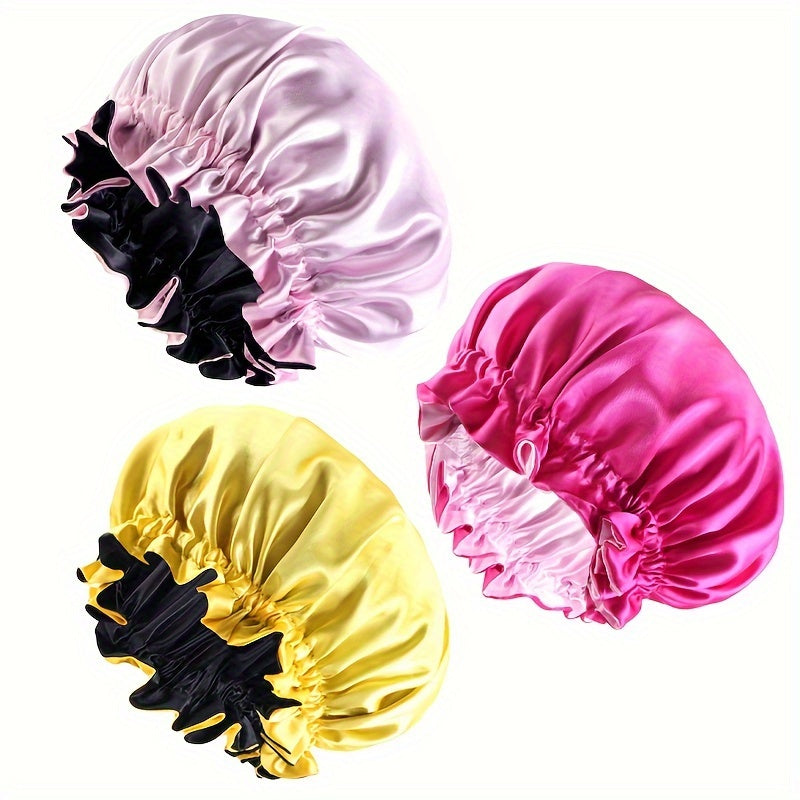 3pcs Set: Luxurious Double-Layer Lace Sleep Cap, Makeup & Shower Hat - Soft Polyester Silk-Like Hair Care Bonnet