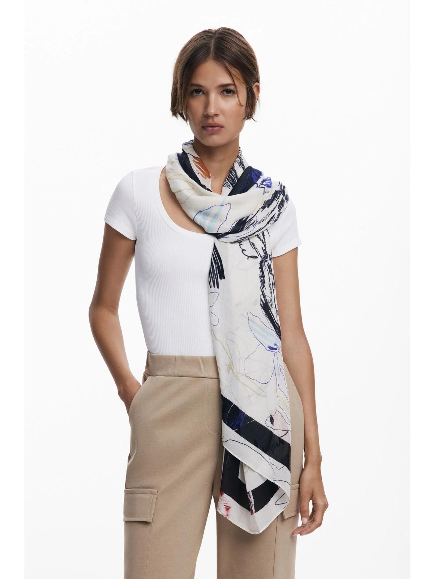 Desigual Foulard rettangolare con tratti Donna Bianco