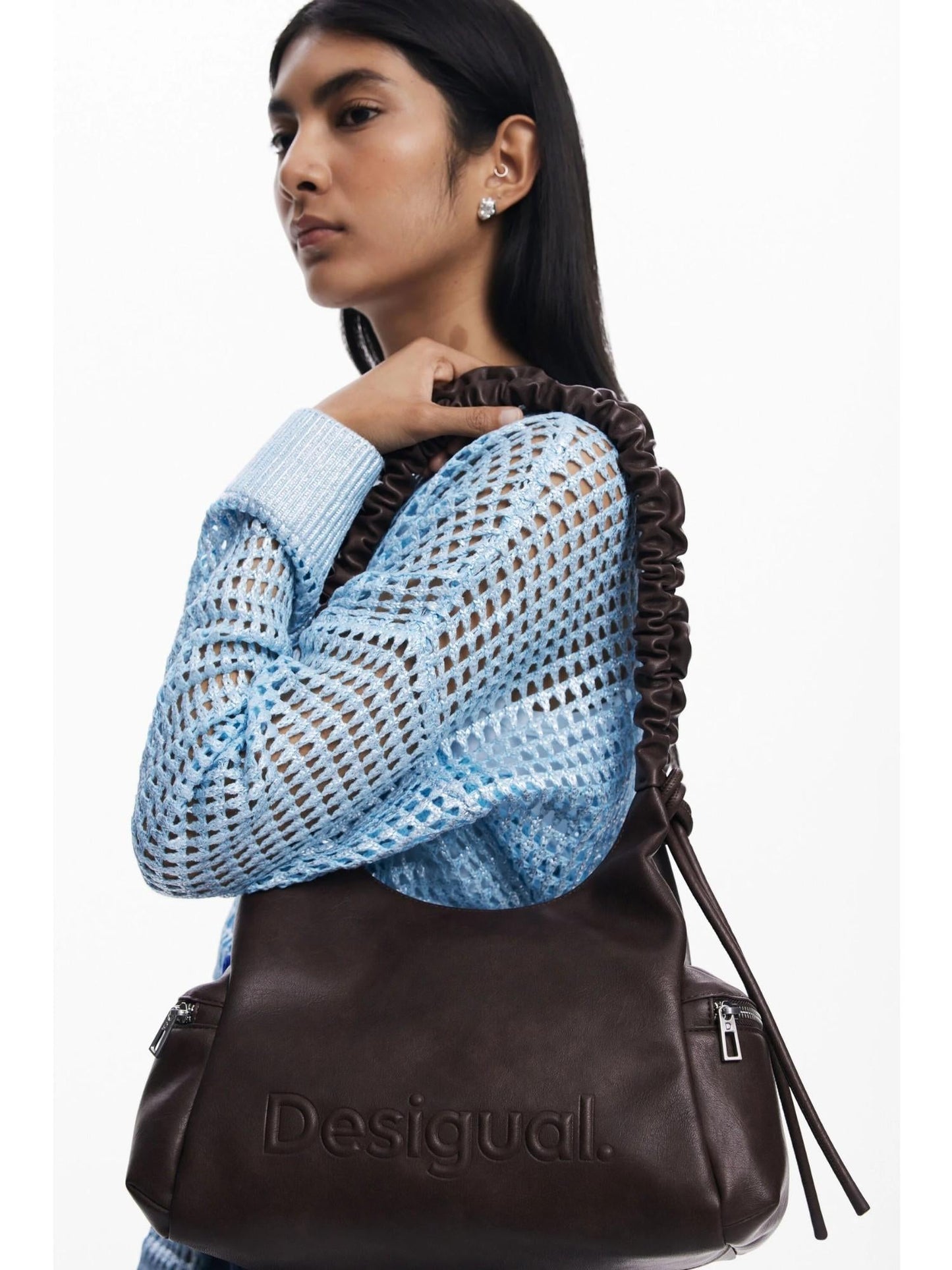 Desigual Borsa logo 3D con manico arricciato media Donna Marrone