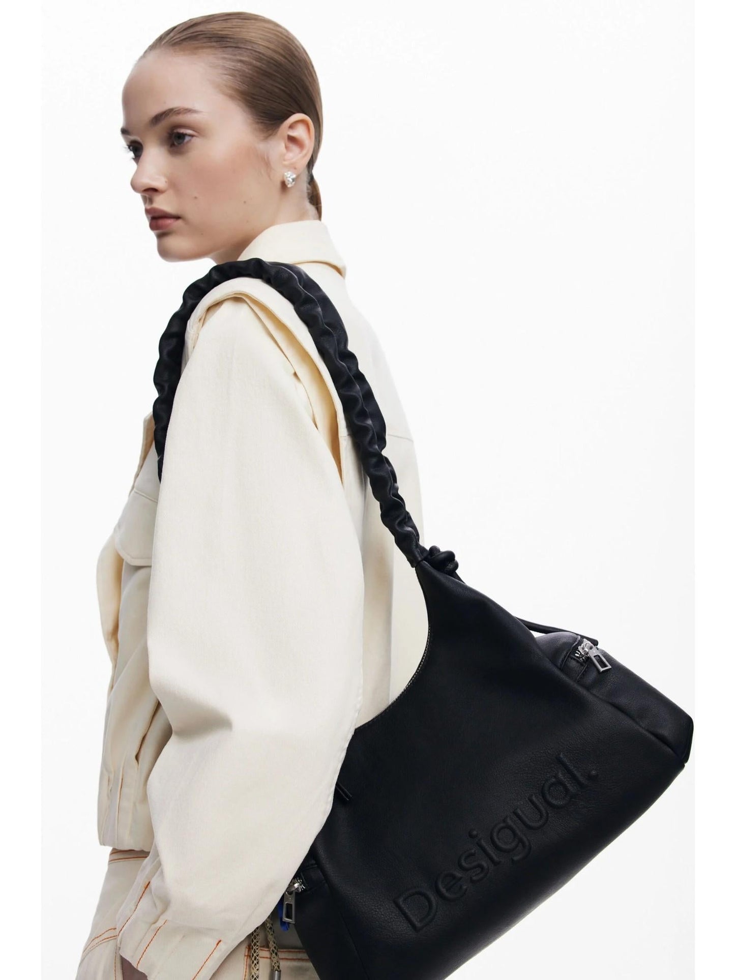 Desigual Borsa logo 3D con manico arricciato media Donna Nero