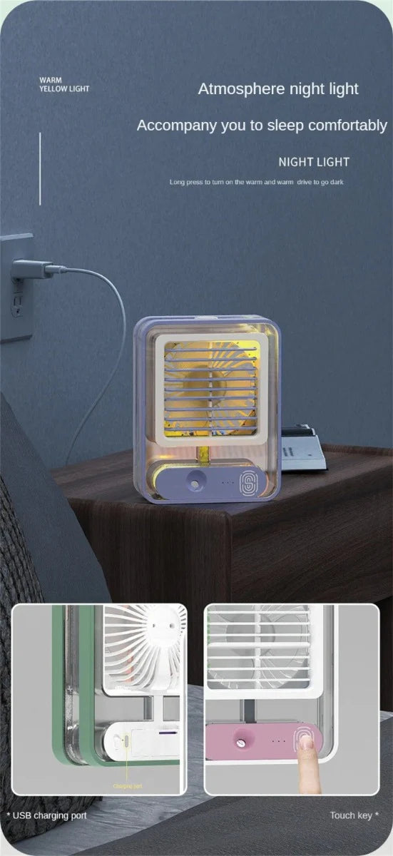 Ventilatore portatile con Condizionatore d'aria funzione di luce notturna funzione di umidificatore dispositivo di raffreddamento dell'aria personale con vaschetta per ghiaccio mini ventola di raffreddamento da scrivania per la camera da letto