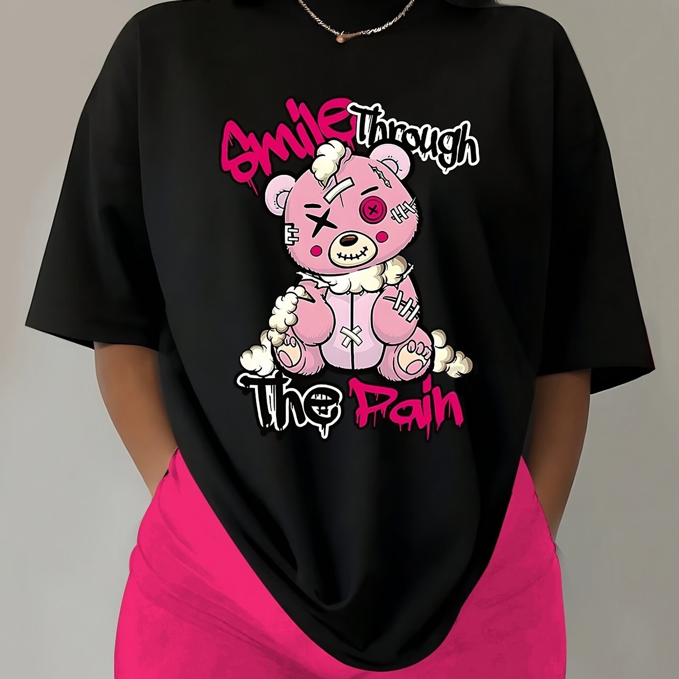Letter & Bear Print Crew Neck T-Shirt, Casual Short Sleeve T-Shirt For Spring & Summer, Women's Clothing