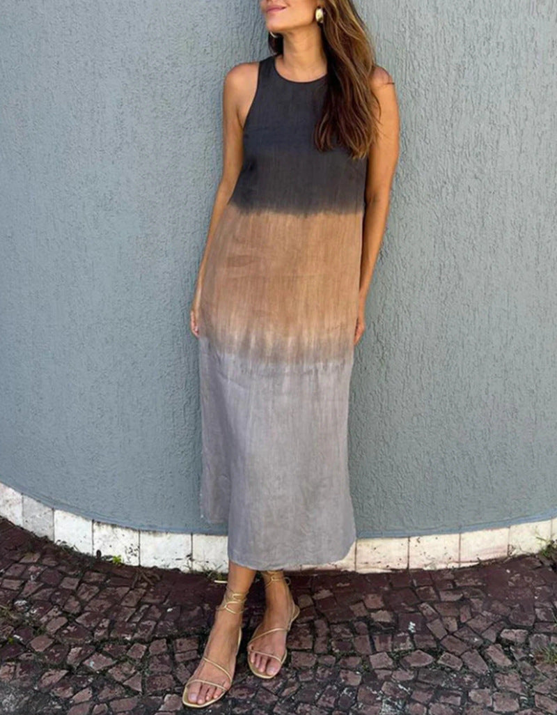 Loose Sleeveless Printed Color-block Crew Neck Long Dress