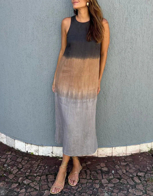 Loose Sleeveless Printed Color-block Crew Neck Long Dress